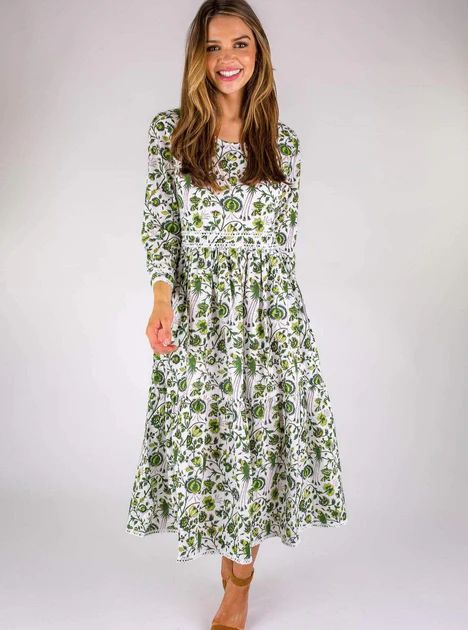The Kristin Dress | Green & White Blockprint | Beau & Ro