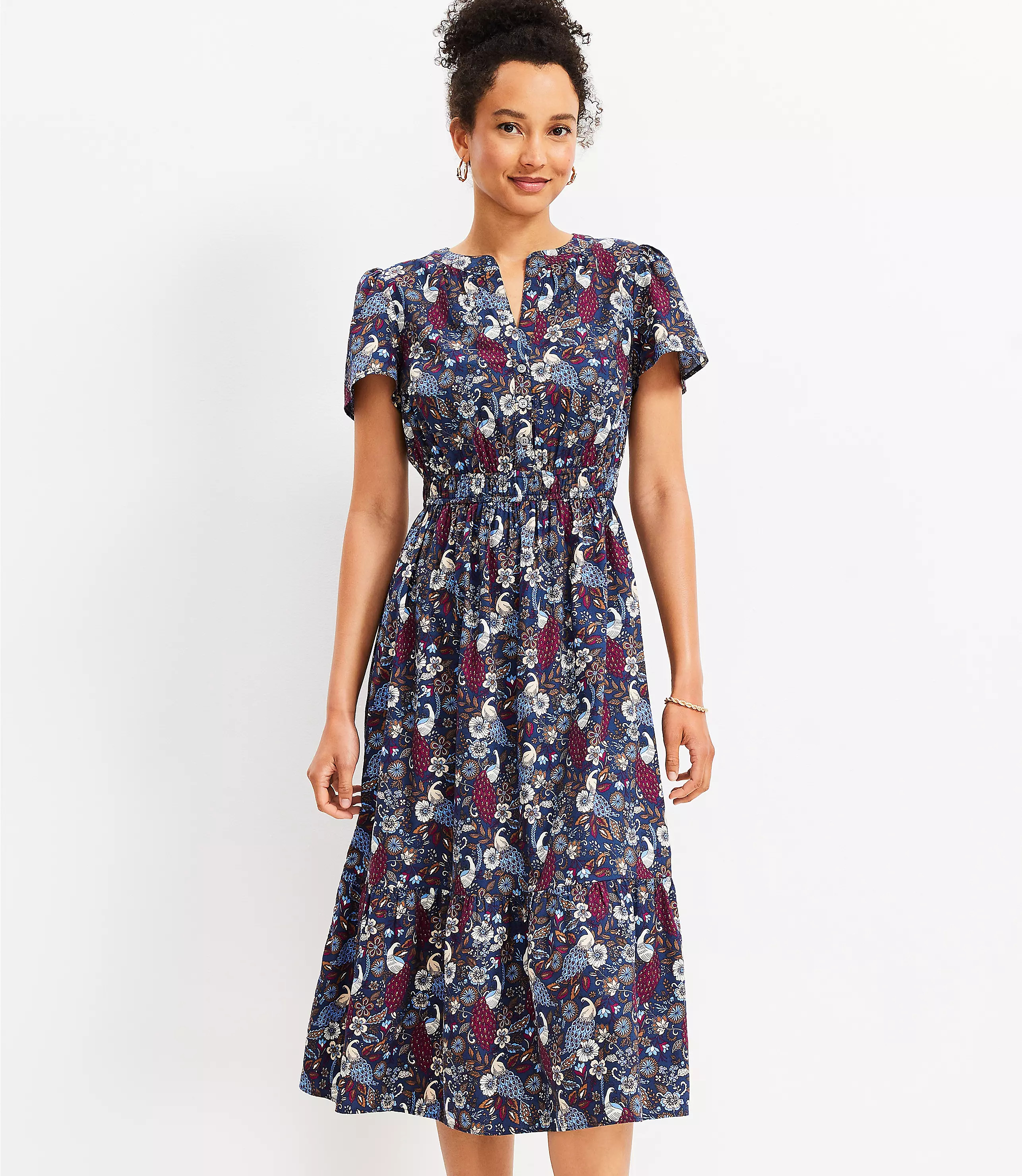 Petite Peacock Smocked Waist Button Midi Dress | LOFT