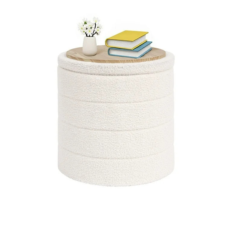 B FSOBEIIALEO 16.9inch Collapsible Storage Ottoman Round with Tray Teddy Fabric Living Room Bedro... | Walmart (US)
