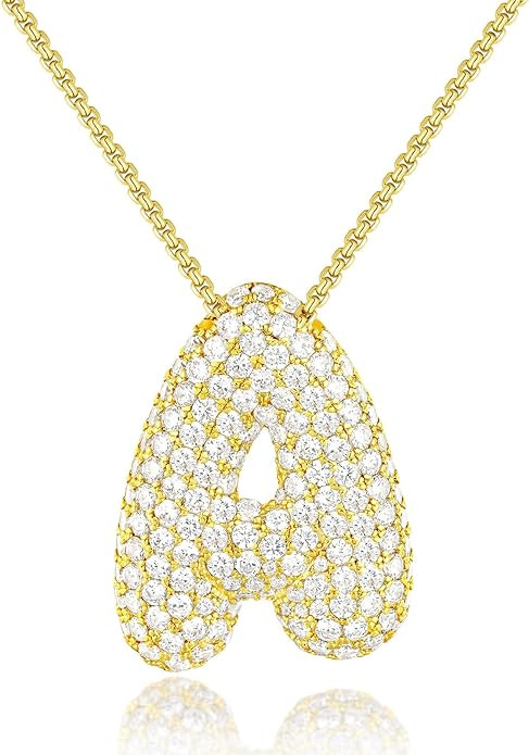 KissYan Bubble Letter Necklace, 14K Gold Plated Balloon Initial Pendant Box Chain Necklace Dainty... | Amazon (US)