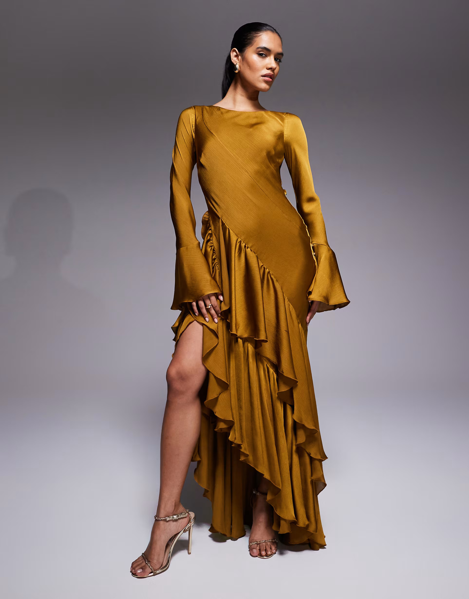 ASOS DESIGN long sleeve ruffle maxi dress with open back in mustard | ASOS (Global)