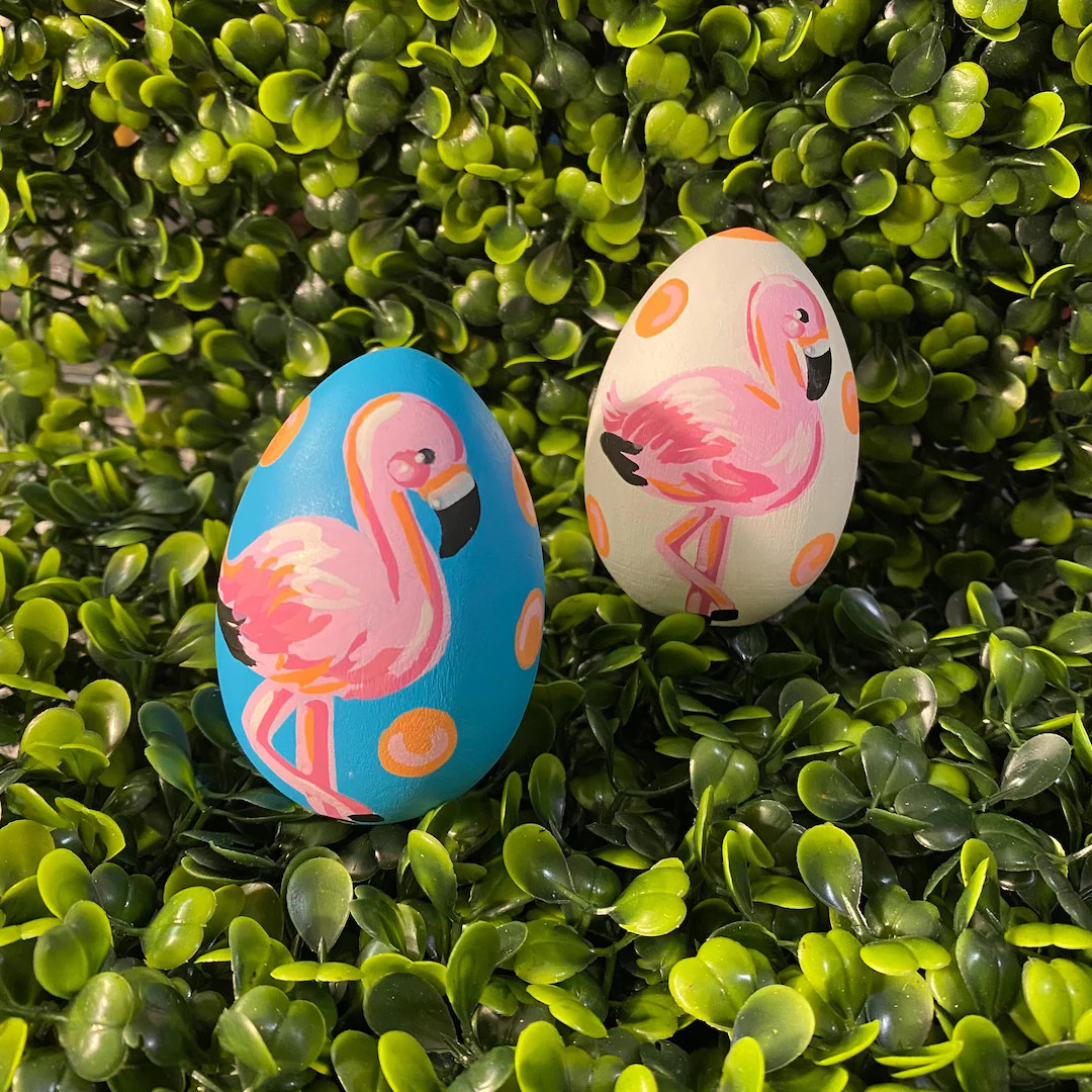 Painted pink flamingo personalized wood Easter egg with for child, colorful bird egg gift and dec... | Etsy (US)