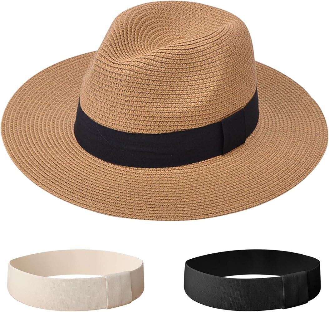 DRESHOW Women Straw Panama Hat Travel Fedora Beach Sun Hat Summer Wide Brim Straw Roll up Hat UPF... | Amazon (US)