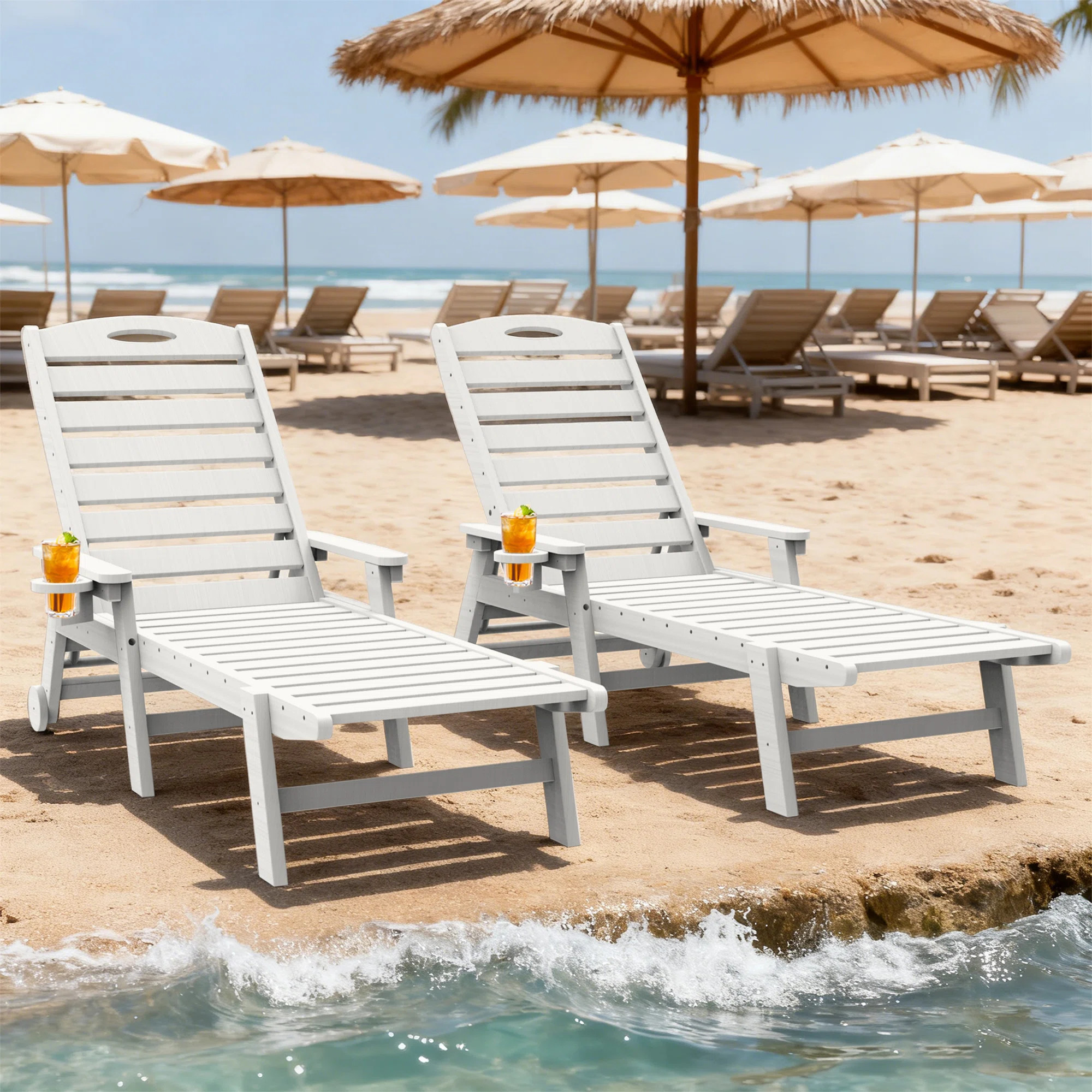 2-Piece All-Weather HDPE Wood Look Outdoor Chaise Lounge with Wheels, Cup Holder & 5-Position Adj... | Wayfair North America