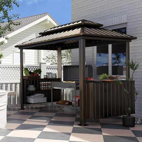 Domi 6x10FT Hardtop Grill Gazebo, Outdoor BBQ Gazebo with Double Galvanized Steel Roof, Patio Grill Canopy with 2 Cabinets and Ceiling Hooks for Backyard, Lawn, Garden, Brown | Amazon (US)