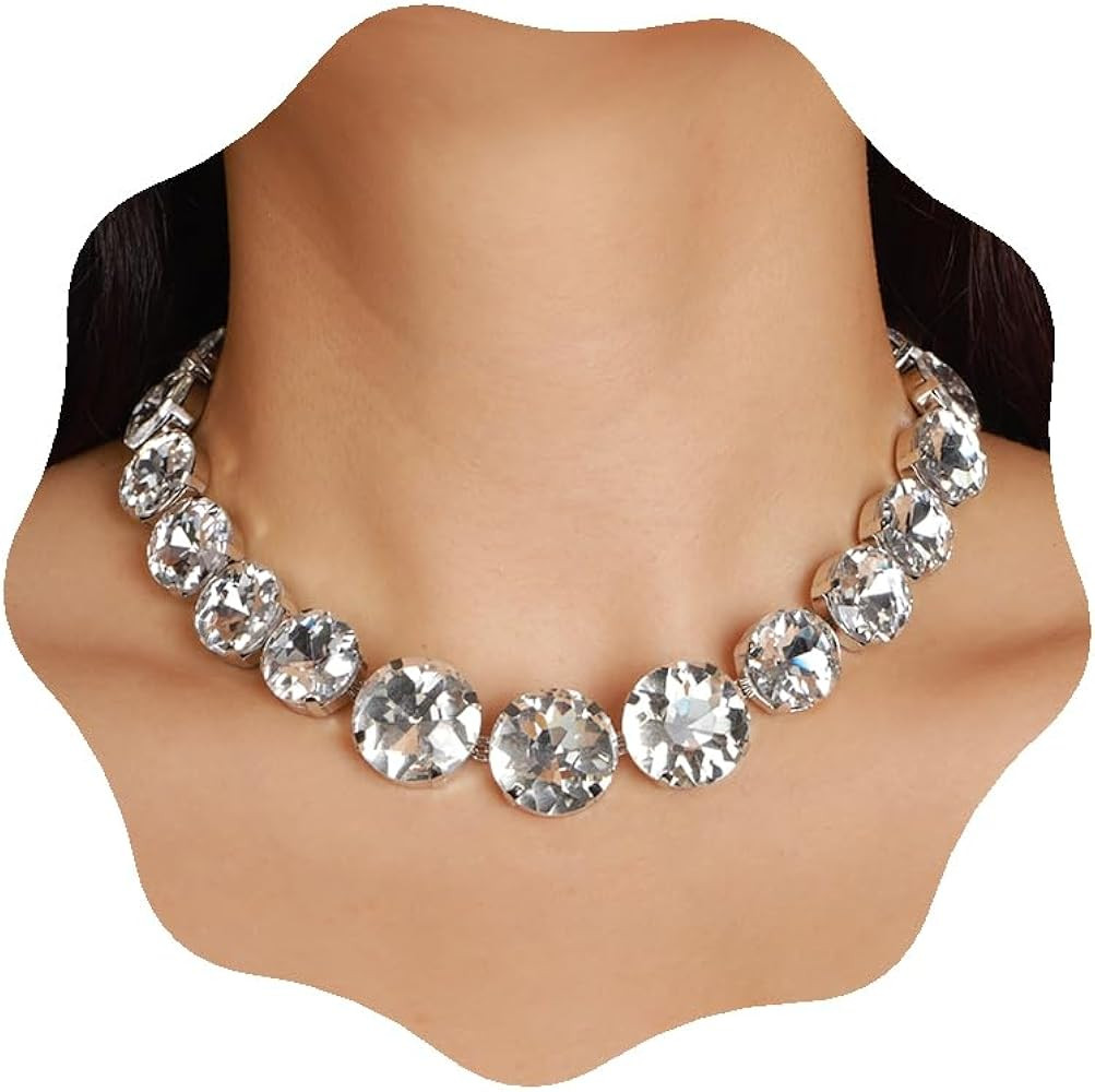YERTTER Sparkle Full Rhinestone Choker Round Crystal Chain Necklace Earrings Set Crystal Statemen... | Amazon (US)