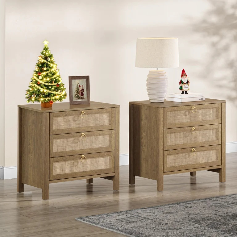 SICOTAS 26.78"W Boho Night Stands Set of 2 for Narrow Spaces, 25.67" Tall Rattan Nightstands with... | Walmart (US)