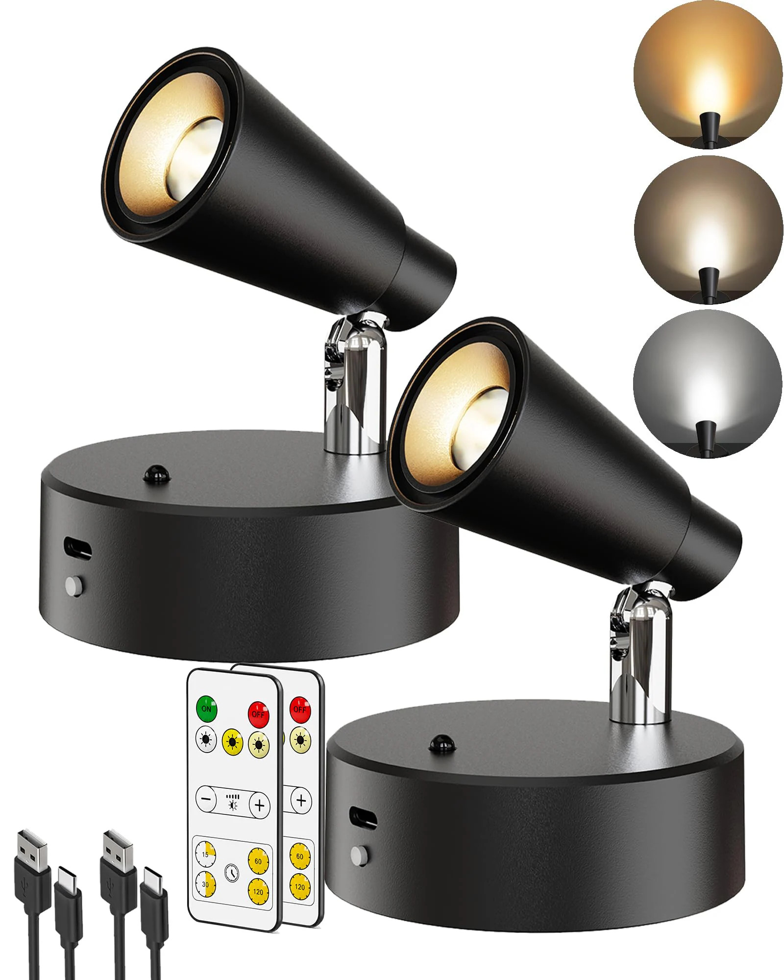 JVFCXXV  LED Spotlights Indoor renewable power power cell Powered Picture Lights Dimmable Timer 3CCT Cordless Uplights with Remote Black 2 Pieces | Lowe's