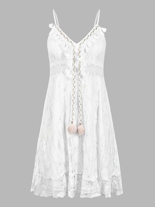 CUPSHE Women's Lace Dresses Boho Tassel V-Neck Flare Ruffle Adjustable Straps Beach Summer Maxi D... | Amazon (US)