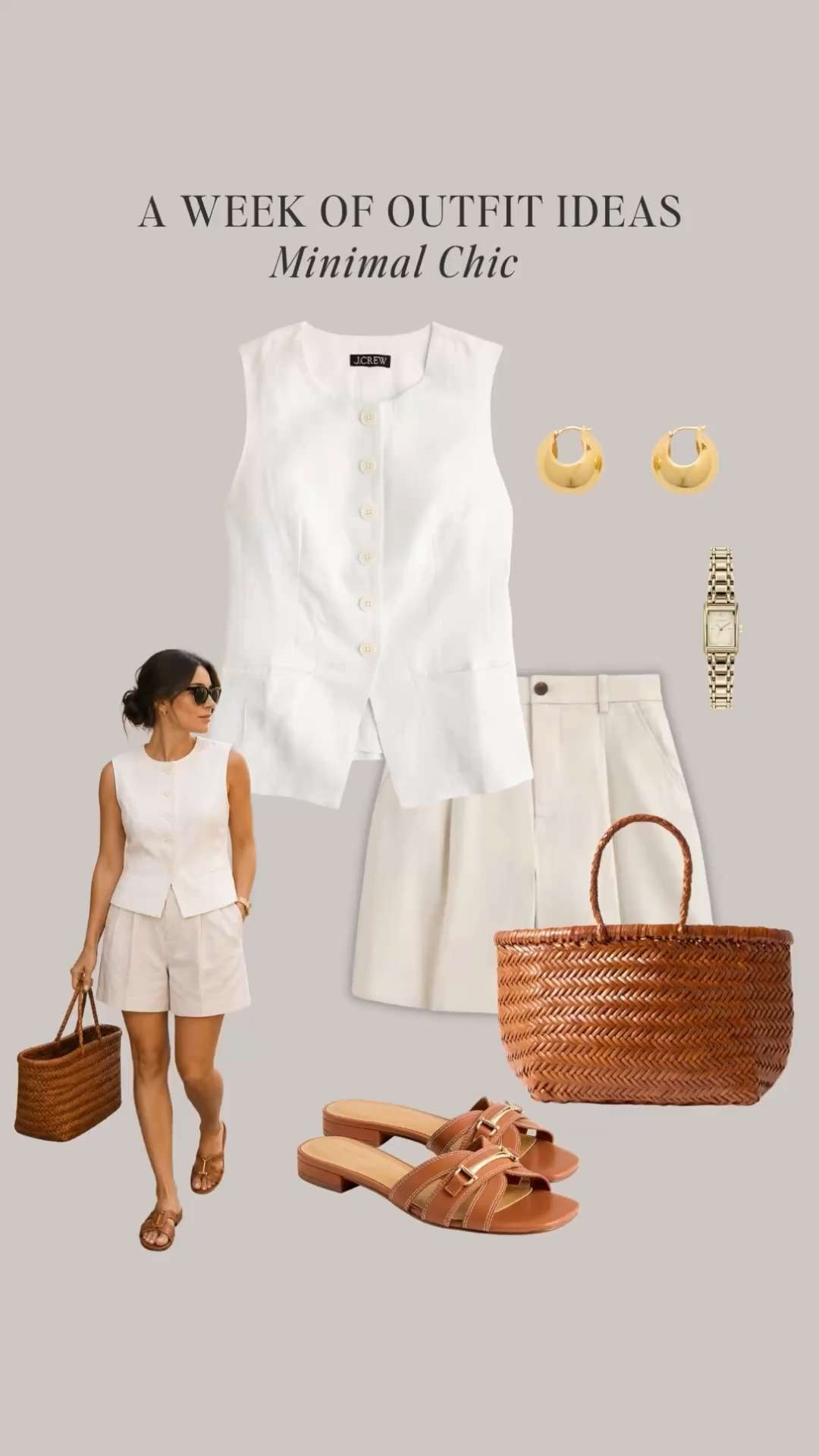 A week of minimal chic summer outfits ✔️ All clothes, shoes and accessories are in the Minimal Chic Summer 2026 capsule wardrobe.  

button vest, tailored shorts, slide sandals, sleeveless top, white midi skirt, slingback flats, blue button-down shirt, bermuda shorts, thong sandals, striped vest, linen shirt, tailored pants, white tee, black skirt, straw raffia sandals, tank dress, linen blazer, polo top

#quietluxury #oldmoney #styleguide #casualchicstyle #linenshirt 

 