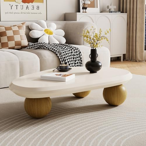 51.18" Large Cloud Coffee Table for Living Room, Oval Wood Coffee Table with 3 Brown Ball Legs, Unique Modern Living Room Table Center Table for Home Office, White | Amazon (US)