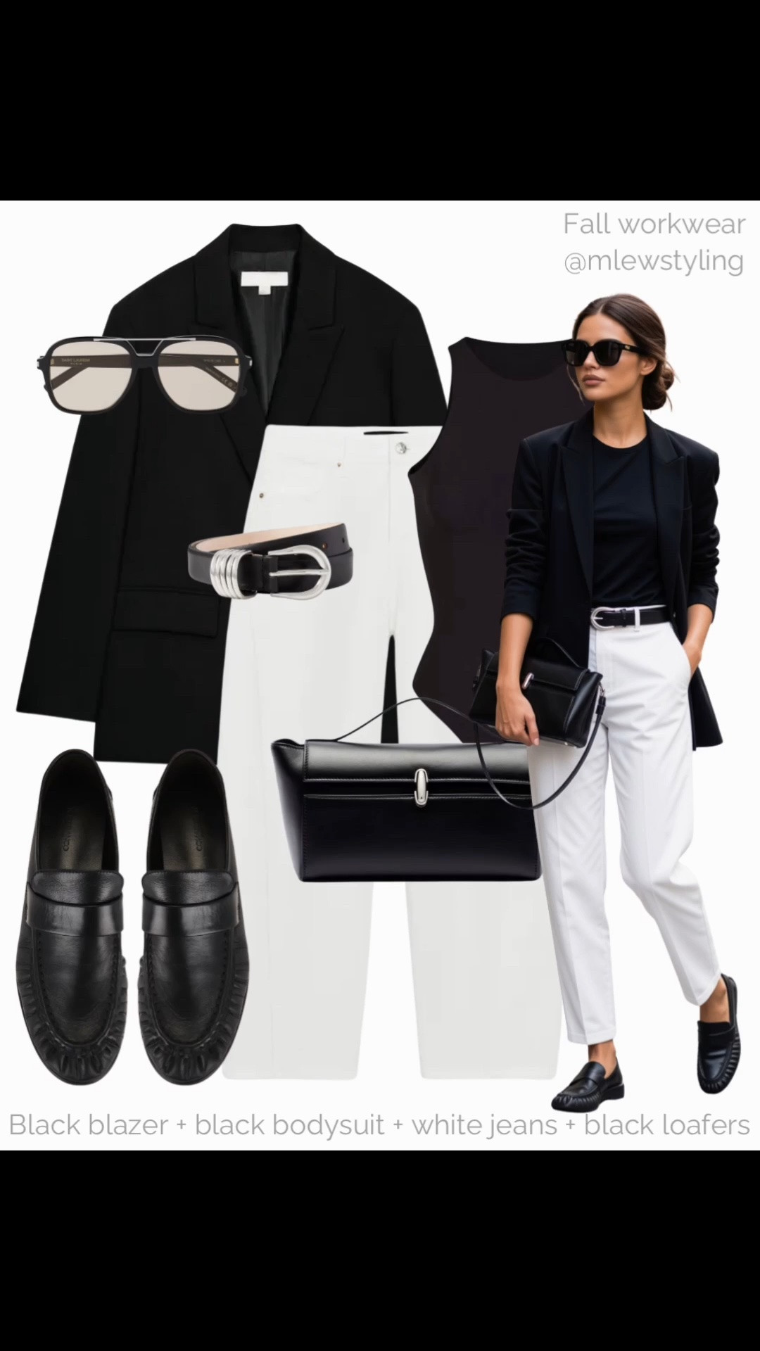 Fall workwear 🤍

Tags: black leather loafers, white barrel leg jeans, Zara oversized black blazer, black and silver belt, ysl aviator sunglasses, skims bodysuit, savette bag

#LTKjeans #LTKfall #LTKworkwear