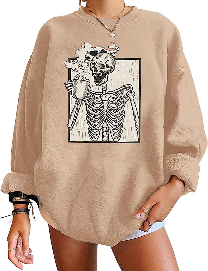 Meladyan Halloween Skull Graphic Print Fleece Oversized Sweatshirt Crewneck Long Sleeve Drop Shou... | Amazon (US)