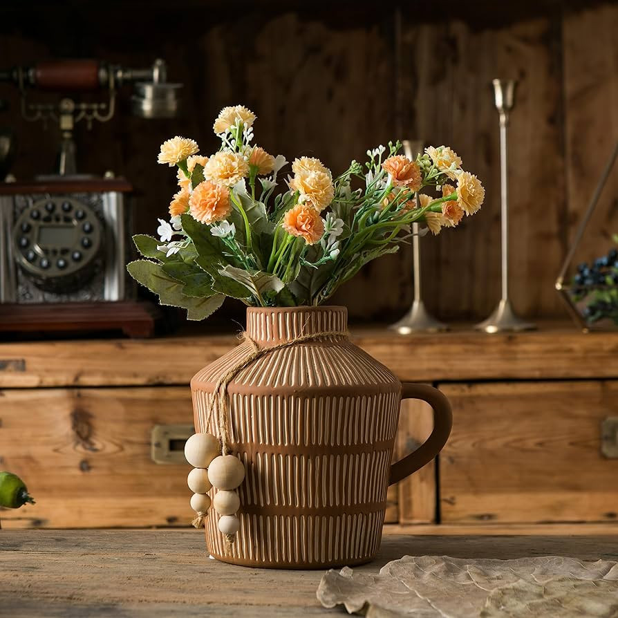 Mowtanco Rustic Farmhouse Vase with Handle and Boho Wooden Beads, Vertical Stripes Terracotta Vas... | Amazon (US)