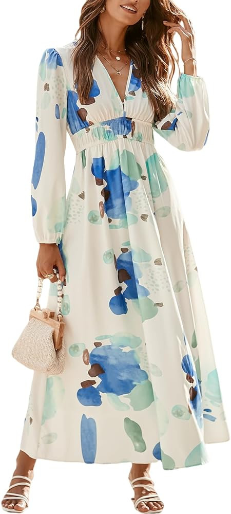 Sissyaki Women's Long Sleeve Boho Floral Maxi Dress Smocked Beach Flowy Dress | Amazon (US)
