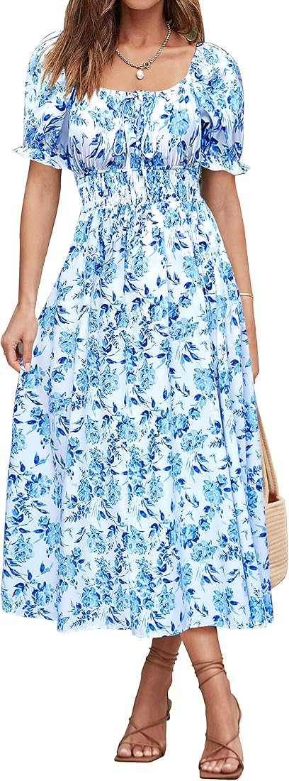 XIONGMEI Women Summer Casual Square Neck Short Sleeve Smocked Waist A-Line Midi Dresses Boho Flor... | Amazon (US)
