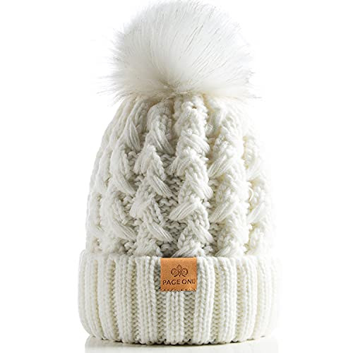 PAGE ONE Womens Winter Ribbed Beanie Crossed Cap Chunky Cable Knit Pompom Soft Warm Hat | Amazon (US)