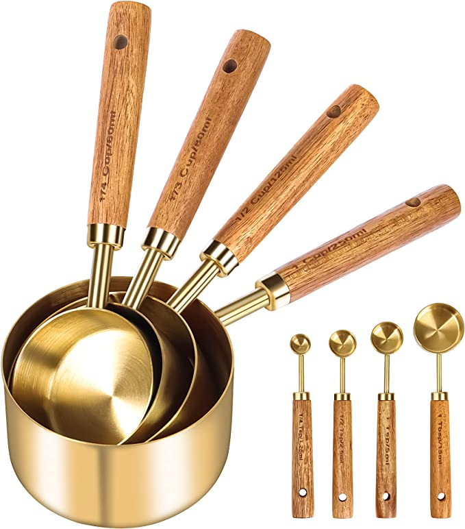 GuDoQi Gold Measuring Cups and Spoons Set of 8, Wood Handle with Metric and US Measurements, Prem... | Amazon (US)