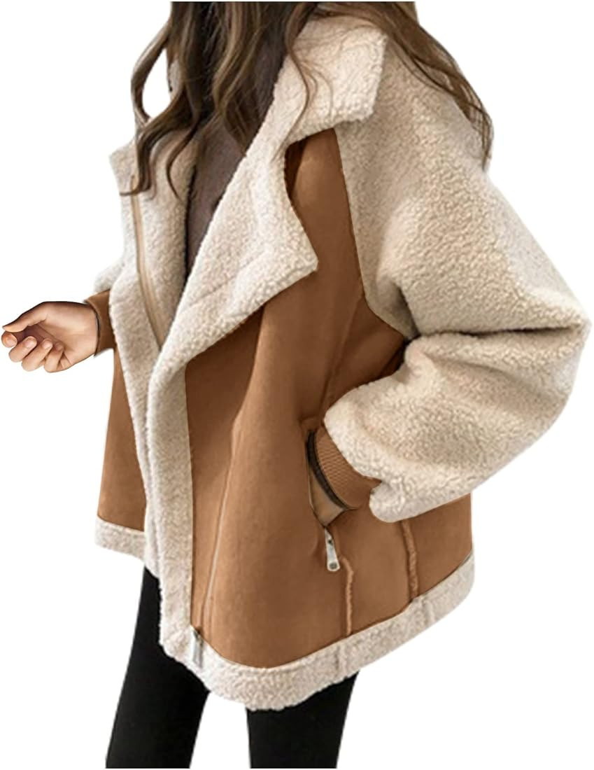 Women's Teddy Coat Casual Comfortable Short Lambswool Biker Jacket Faux Fur Coat | Amazon (US)
