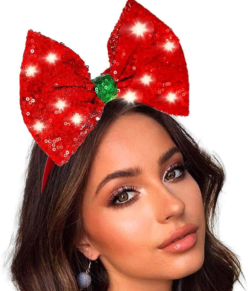 Light Up Headbands Red Bow Hairband Bling Sequin hair Accessories for Women | Amazon (US)