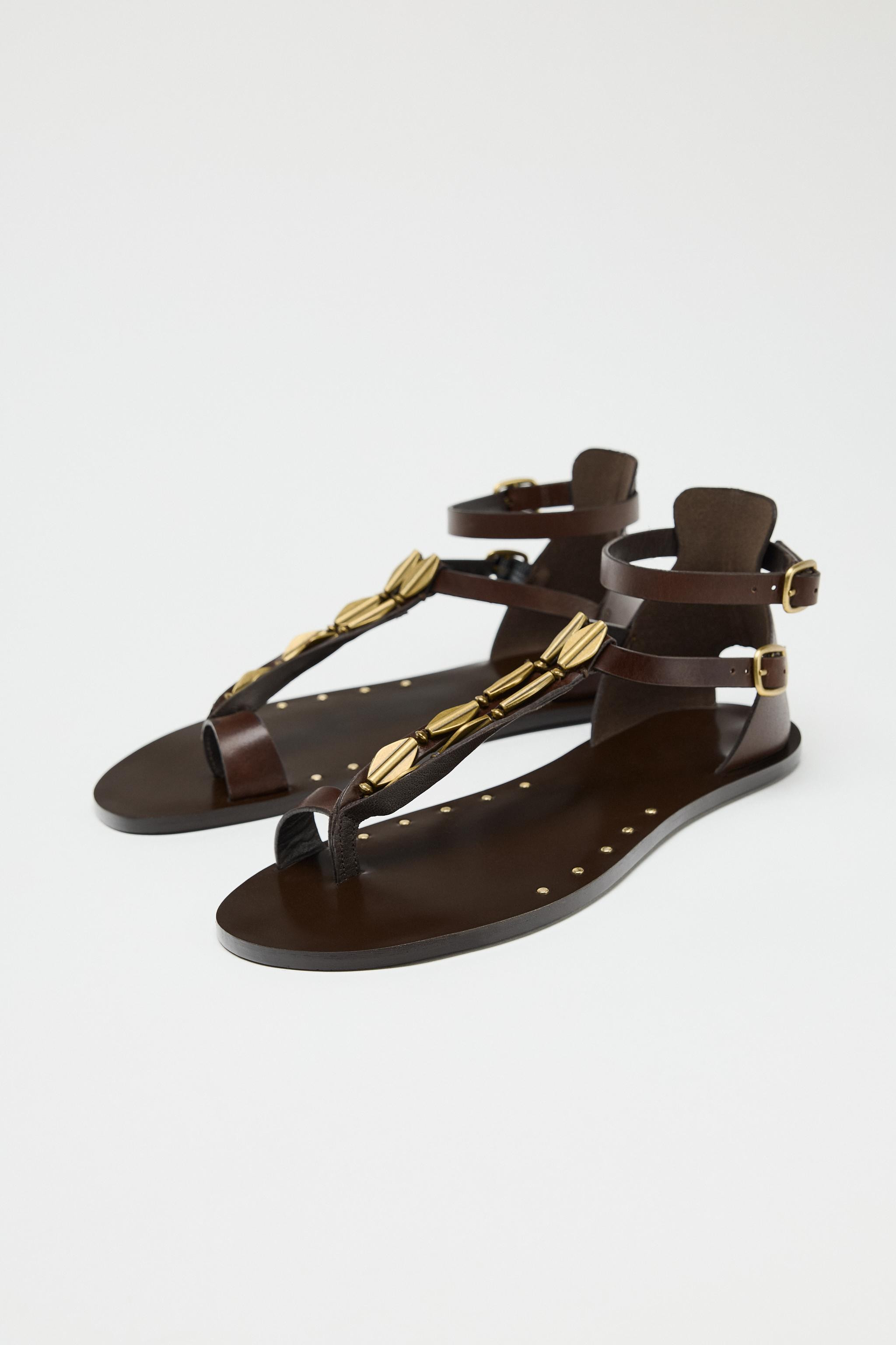 LEATHER SANDALS WITH ADORNMENT | Zara Canada
