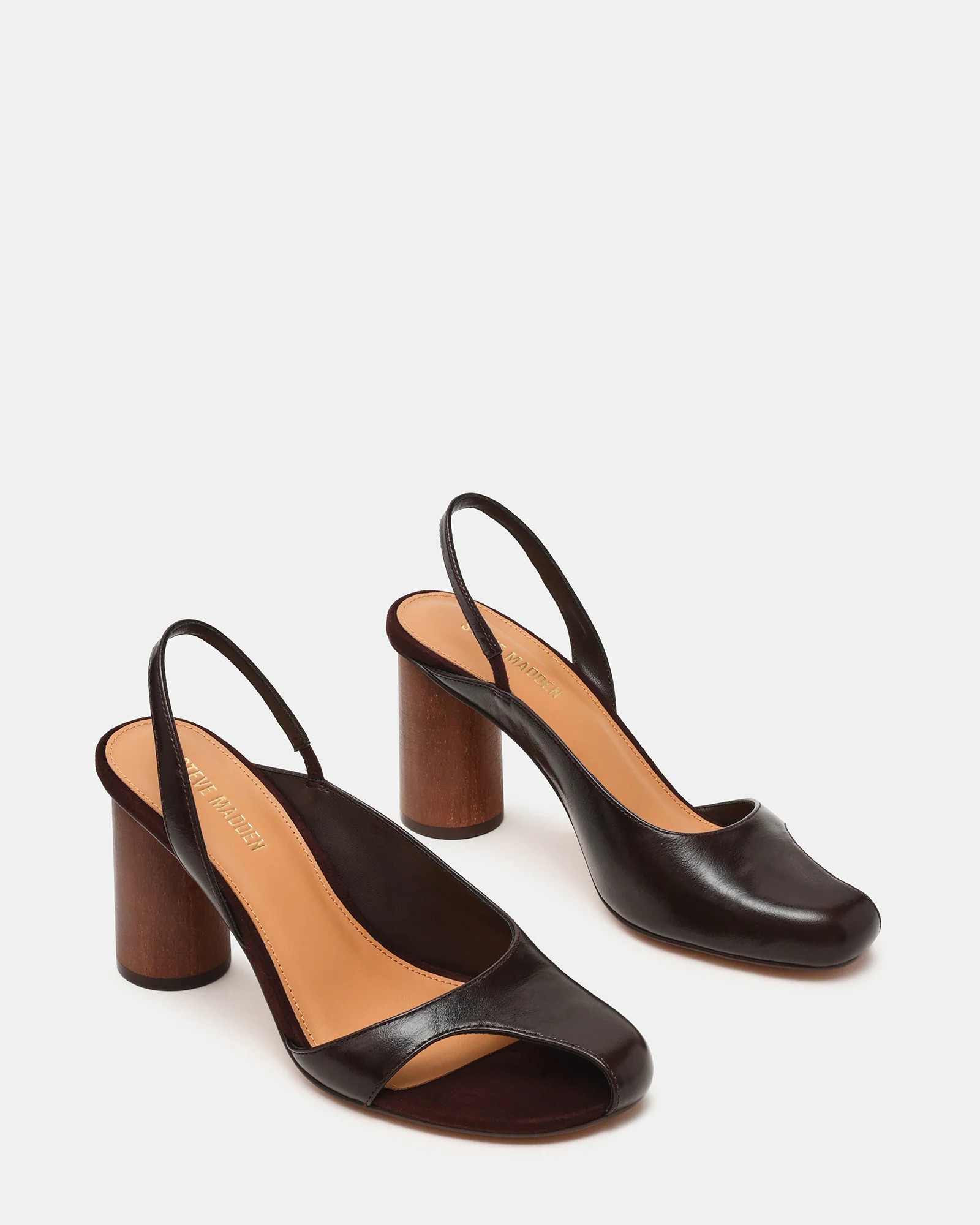 JANINE Brown Leather Cut-Out Slingback Women's Block Heel | Steve Madden (US)