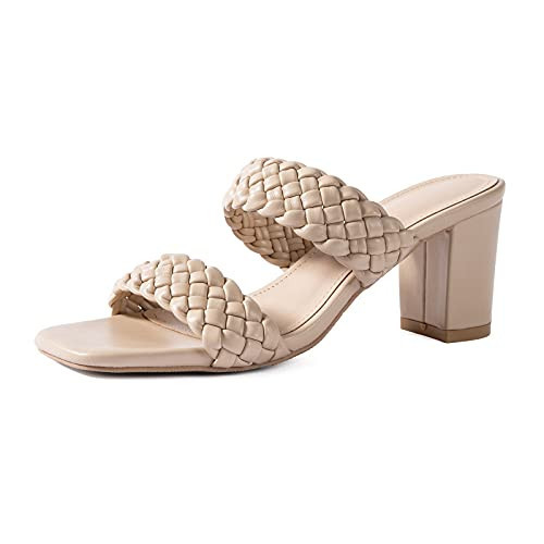 Braided Heeled Sandals for Women 3 Inch Chunky Block Heel Square-Toe Dress Shoes, Cream Size 9.5 Summer Soft Synthetic Leather Sandals for Work, Wedding Night Out | Amazon (US)