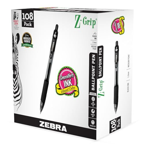Zebra Pen Z-Grip Retractable Ballpoint Pen, Black Ink, 1.0mm, 108 Bulk-Pack | Amazon (US)