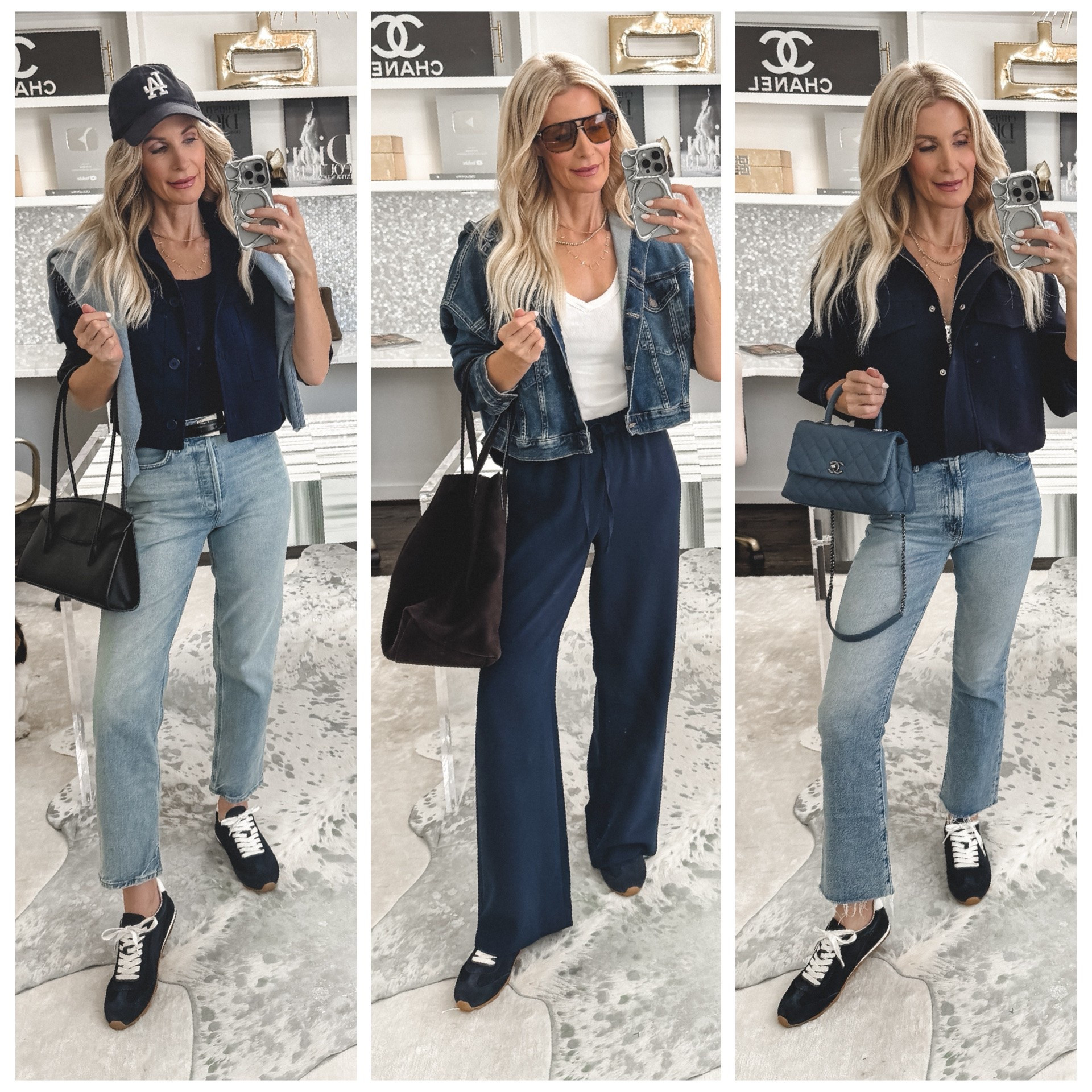 Nordstrom anniversary sale navy blue WATERPROOF faux suede sneakers styled 3 ways