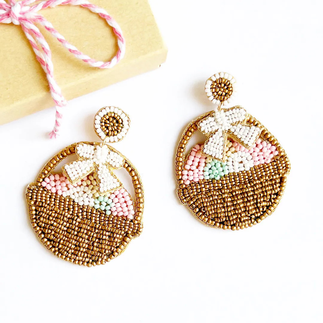 Hand Beaded Easter Basket Earrings, Pastel Eggs, White Bow, Spring Jewelry | Etsy (US)