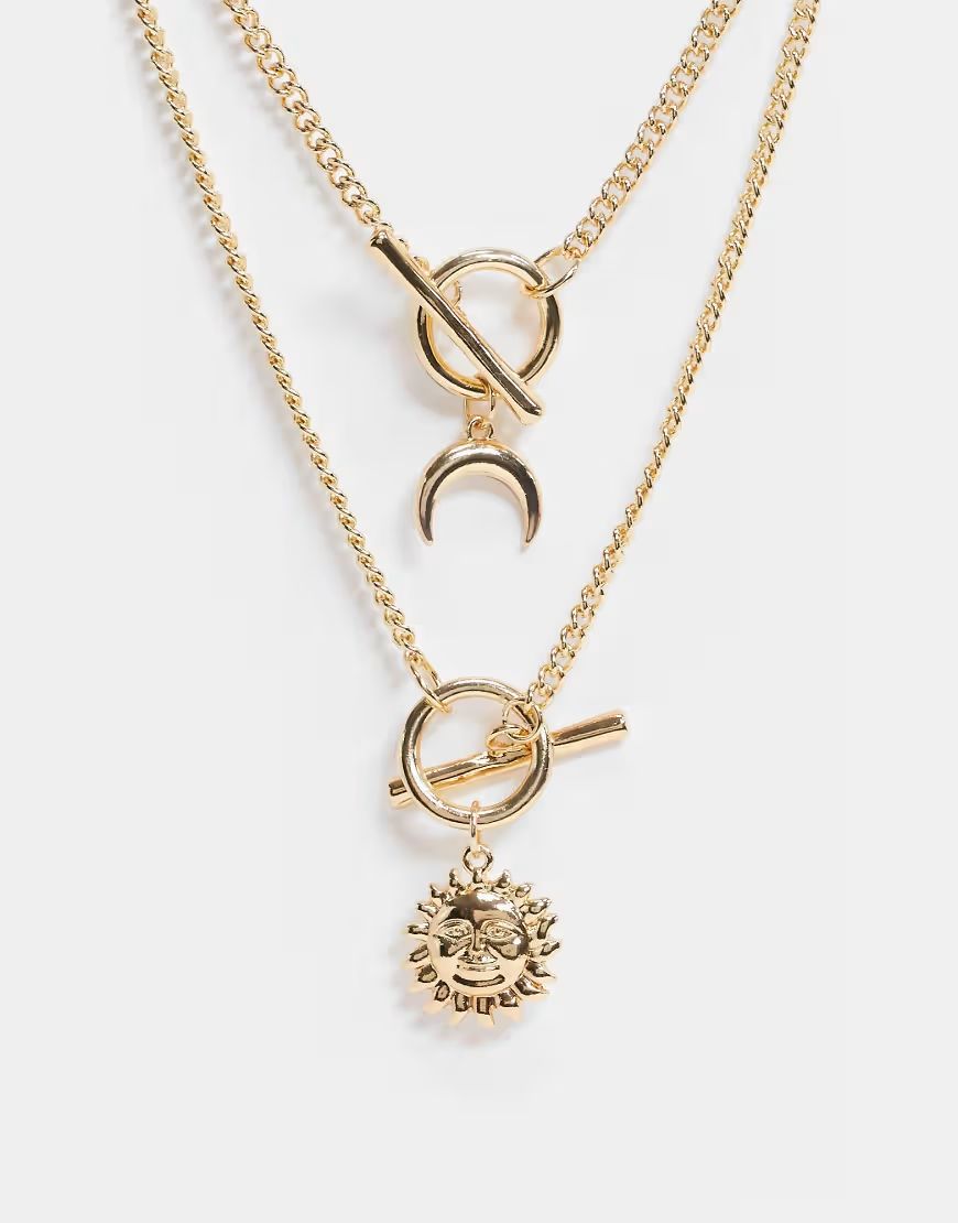 ASOS DESIGN necklace with T-bar and sun and moon in gold tone | ASOS (Global)