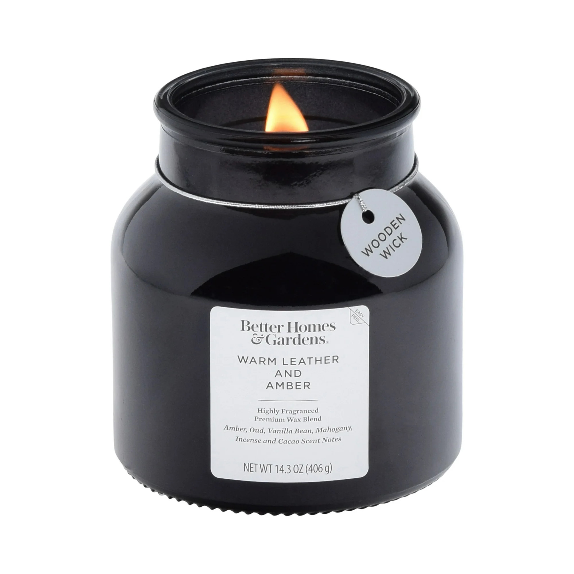 Better Homes & Gardens Warm Leathered Amber Scented Wooden Wick 14.3oz Jar Candle | Walmart (US)
