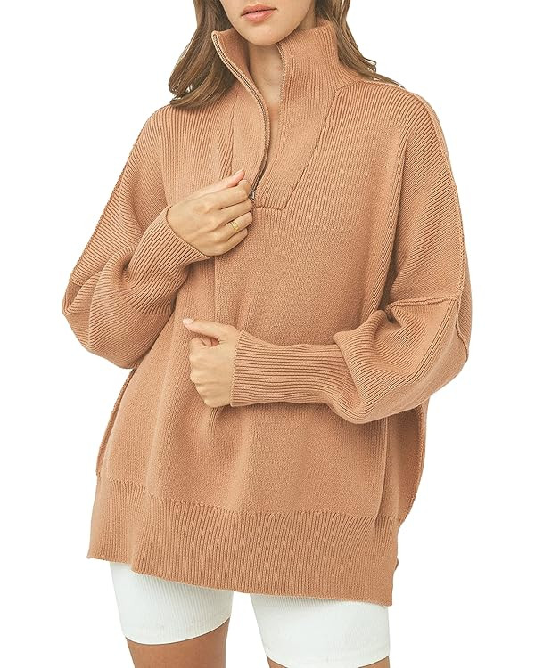 PRETTYGARDEN Women's 2023 Fall Pullover Oversized Sweaters Casual Long Sleeve Zip Up Collared Win... | Amazon (US)