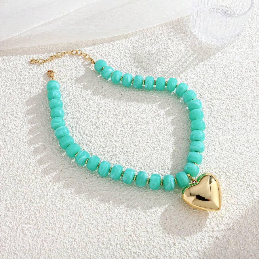Women's Exaggerated Pearl Necklace, Gold Fluffy Heart-Shaped Choker Necklace, Colorful Resin Bead... | SHEIN