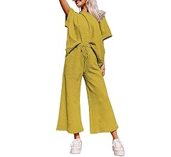 SHEWIN Women's 2 Piece Outfits Sweatsuit Casual Short Sleeve Pullover Tops and Drawstring Wide Le... | Amazon (US)