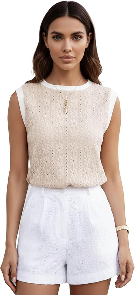 Women Eyelet Tank Tops Floral Casual Round Neck Sleeveless Summer Tops Trendy Basic Cute Plain Ta... | Amazon (US)