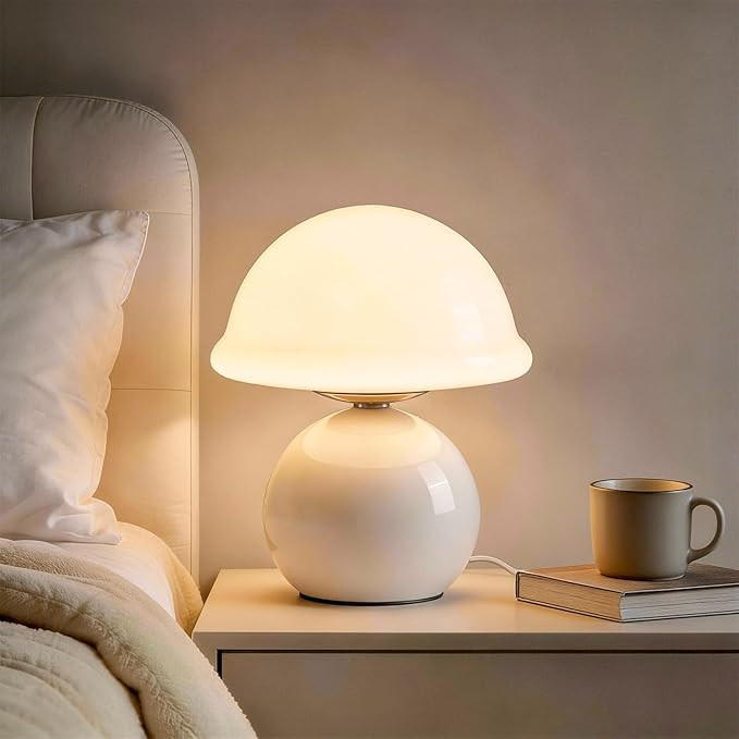 Mushroom Table Lamp for Bedroom, Cozy Bedside Lamp with Glass Shade, Stepless Dimmable Nightstand... | Amazon (US)