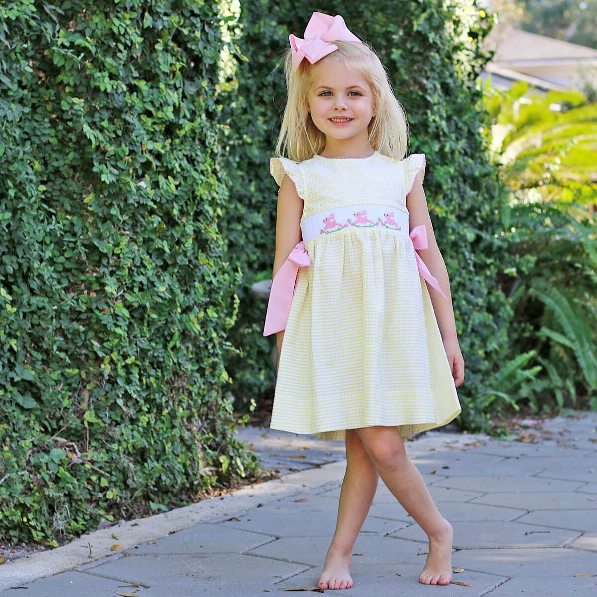 Hoppy Bunnies Yellow Smocked Beverly Dress | Classic Whimsy