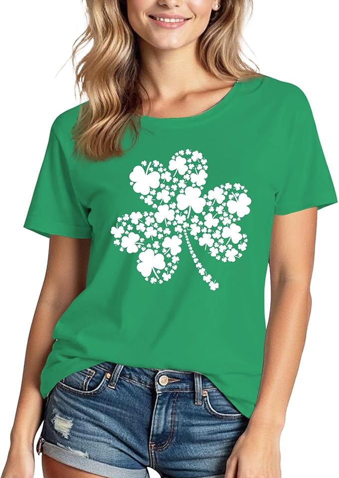 XLIEVO St Patrick's Day Shirts for Women:Lucky Irish Shamrock Crew Neck Short-Sleeve Graphic High... | Amazon (US)
