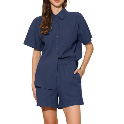 INSPIRE CHIC Women's 2 Pieces Outfits Short Sleeve Shirt Shorts Set Summer Lounge Tracksuits Dark Blue X-Small | Target