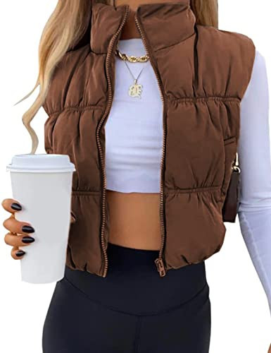 UANEO Womens Cropped Puffer Vest Zip Up Stand Collar Sleeveless Padded Cropped Vest (Brown-M) | Amazon (US)