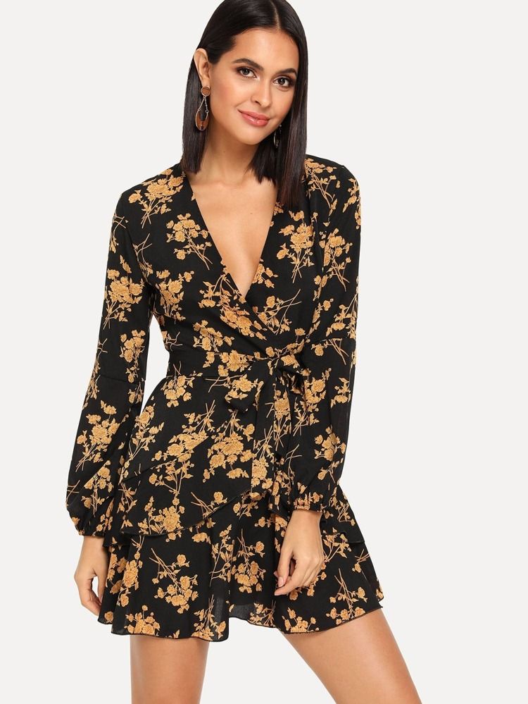 Tiered Ruffle Wrap Belted Floral Tea Dress | SHEIN