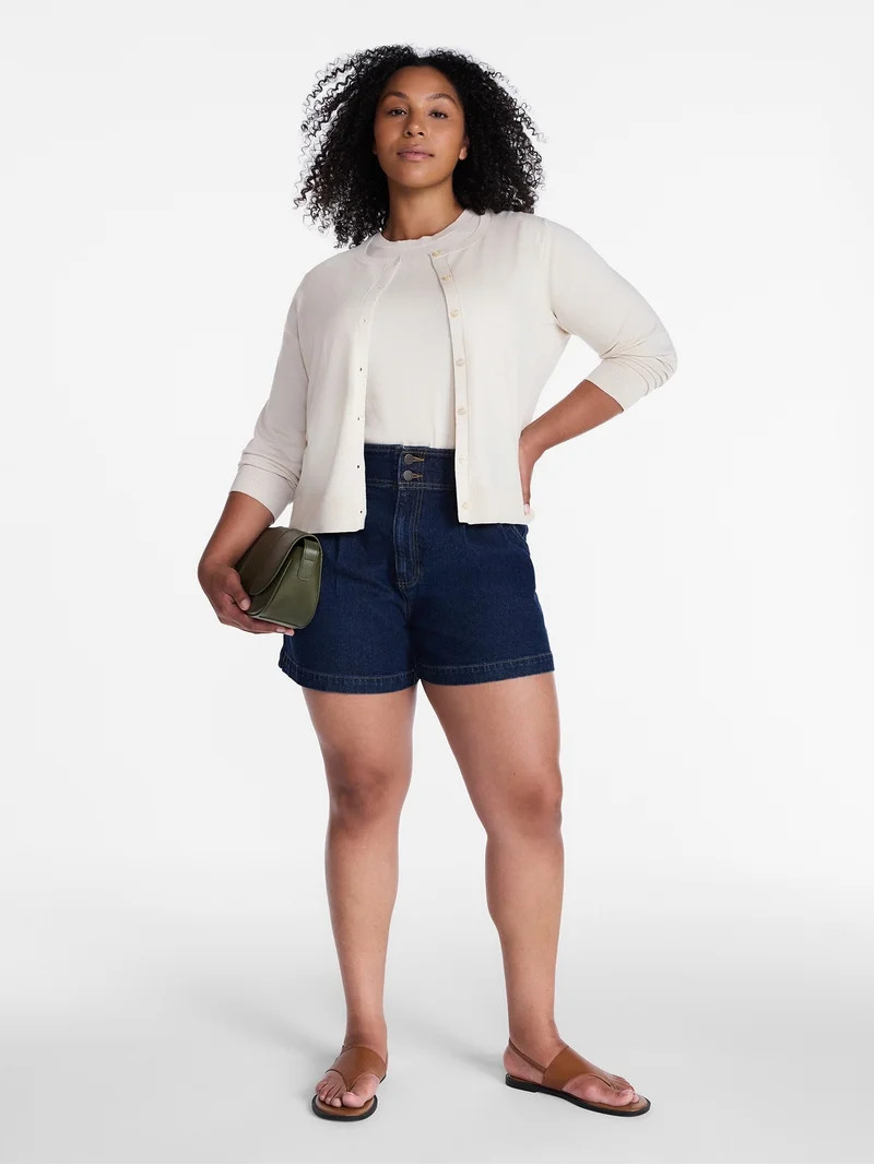 Time and Tru Women's High Rise Pleated Denim Shorts, 4.5" Inseam, Sizes 0-20 | Walmart (US)