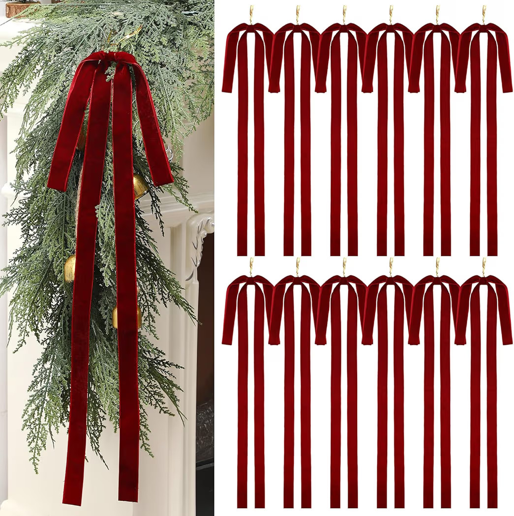 Janinka 12 Pcs Burgundy Long Velvet Bow Ornaments Christmas Swag 23.5x15.5 Inch Vintage Large Vel... | Amazon (US)