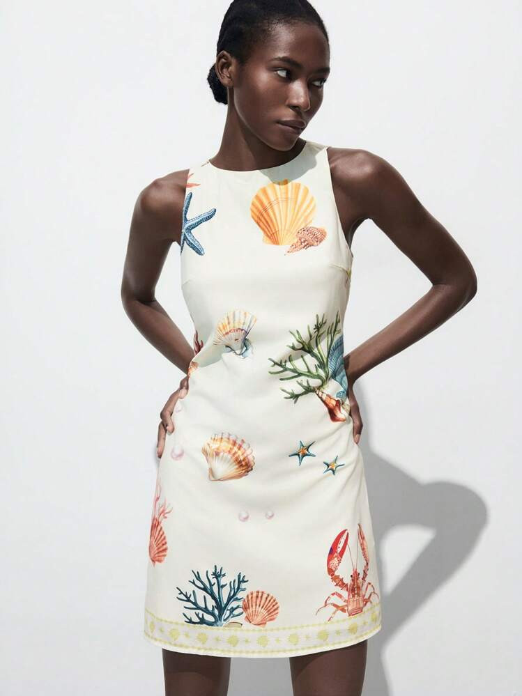 Maija Ocean Print Pattern Comfortable Casual Short Sleeveless Cinched Waist Suitable For Beach, Holiday Bohemian Vacay Outfits Women Seashell Dress Tropical Print Dress Lobster Dress Starfish Dress Casual Dresses For Women Summer Dresses For Women Beach Outfit For Women Beach Summer Holiday Beach Vacation Summer Going Out Graduation Casual Holiday Beach Cruise Travel Romantic, Fashion, Versatile; Suitable For Summer Vacation, Comfortable, Bohemian Style, Beach Wear, Simple Daily Wear, Country Style, Essential, Solid Color, Holiday Casual, Decent, Single Lady,Y2k | SHEIN