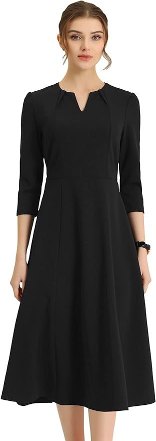 Allegra K Women's 3/4 Sleeve V Neck Pockets Elegant Work A-Line Dress | Amazon (US)
