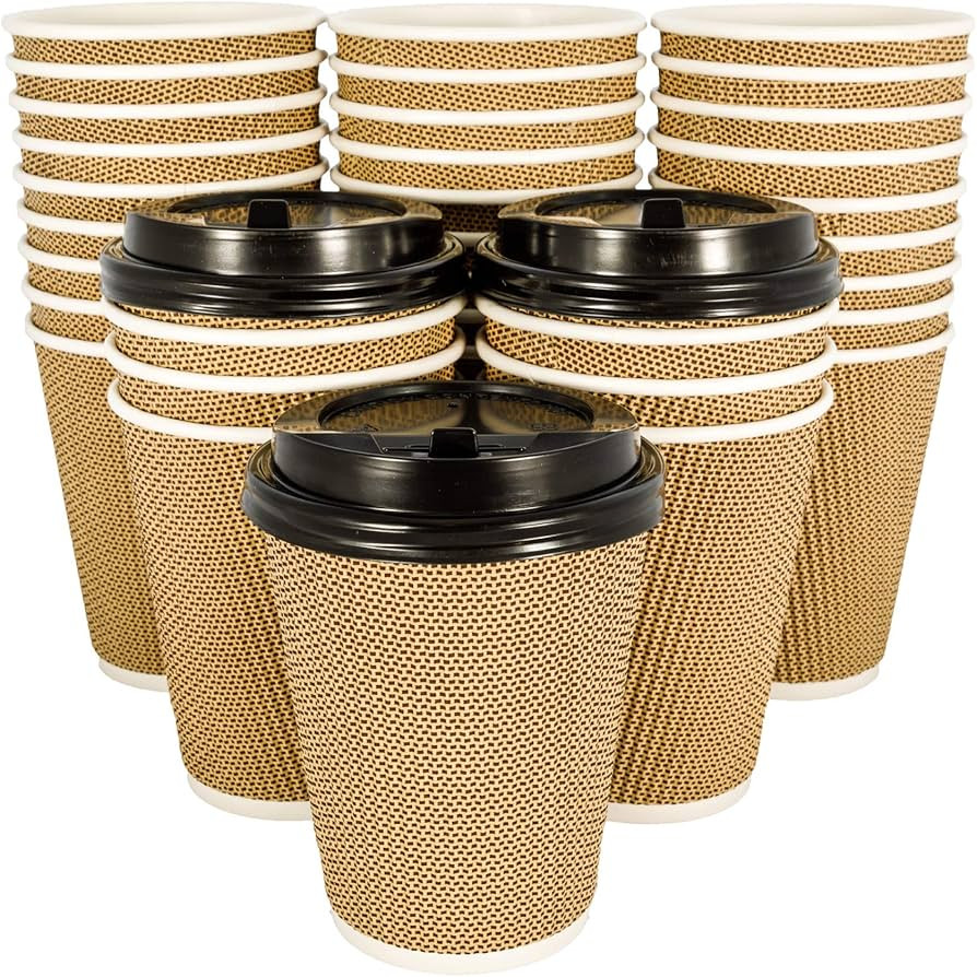 12 oz Paper Coffee Cups with Lids - 100 Pack BROWN. Insulated & Sturdy, Leak Proof Lids, Ripple W... | Amazon (US)