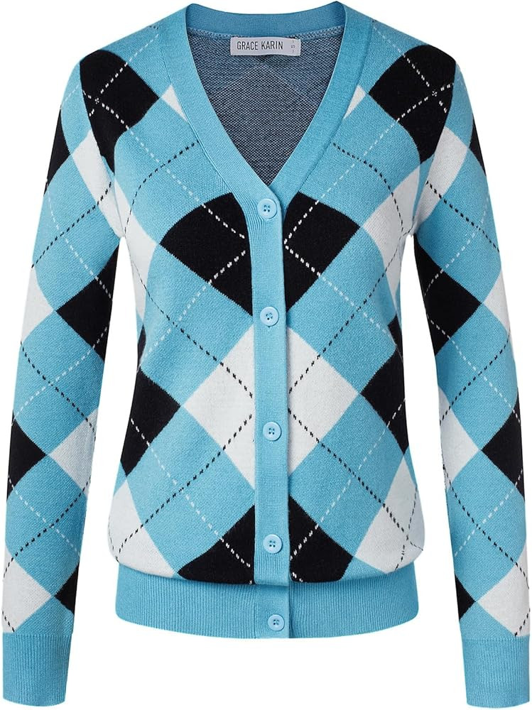 GRACE KARIN Womens Cardigan Sweater Fall Fashion Long Sleeve Argyle Sweater V Neck Button Up Card... | Amazon (US)