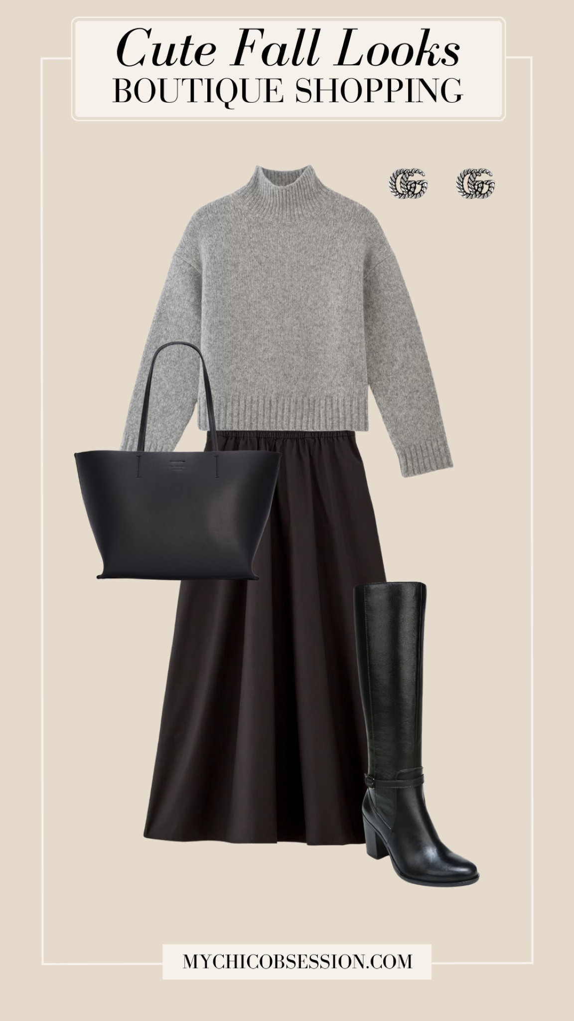 Dress up for a fall day spent shopping in a chic black midi skirt, a cozy sweater, and a leather tote bag. Gucci stud earrings and knee high boots complete the look.

#LTKStyleTip #LTKSeasonal