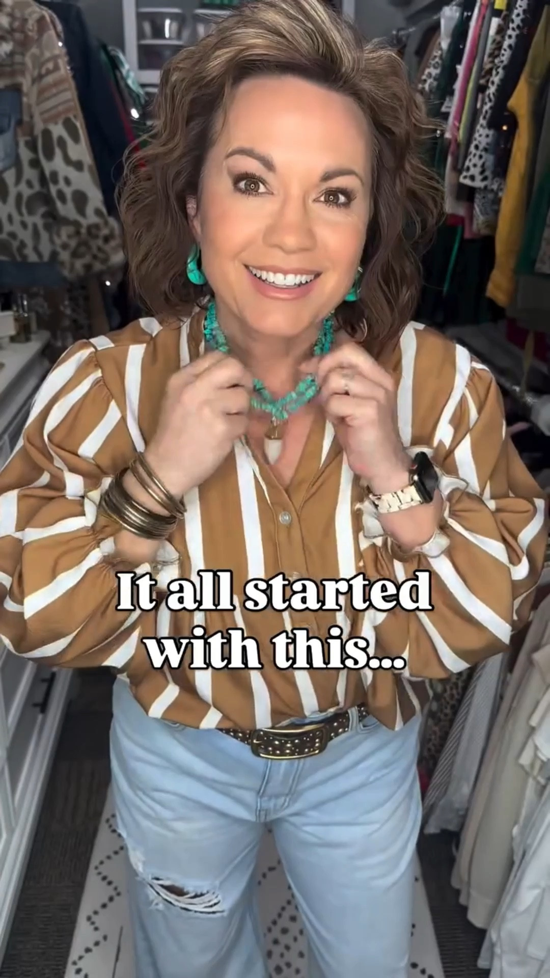 Anyone else start their outfit with the jewelry? 🤎

Sometimes one accessory is all it takes to inspire the whole look. Today it was this turquoise jewelry, so I built the outfit around it.

I paired it with a striped blouse and relaxed distressed denim—one of my favorite easy outfit formulas. It’s comfortable, classic, and the perfect neutral base to let the accessories stand out.

Adding the western-inspired belt and handbag pulled everything together and made this casual look feel a little more styled without any extra effort.

This is one of my go-to ways to get dressed:
start with one piece you love and build the outfit from there.

✨ Outfit details
Striped blouse
Relaxed distressed denim
Western belt
Turquoise necklace + earrings
Classic designer handbag
Patterned slip-ons

Style tip:
If you’re wearing neutrals like camel and denim, try adding one bold accessory color to instantly elevate the look.

Now I’m curious…
Do you ever build your outfit around your accessories, or do you add jewelry at the end?

⸻

casual denim outfit, striped blouse outfit women, casual chic everyday style, distressed jeans outfit, effortless outfit ideas, fashion over 40, fashion over 50, ageless style inspiration

#LTKOver40 #LTKMidsize #LTKgrwm